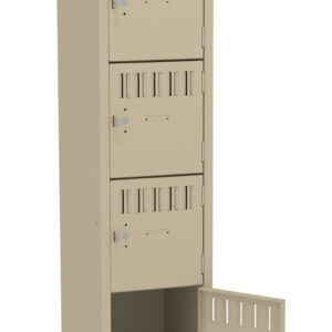 A beige metal locker with six compartments. The lockers have vents and individual locks. The fifth locker door is open, revealing an empty interior. The locker is upright and isolated against a white background.
