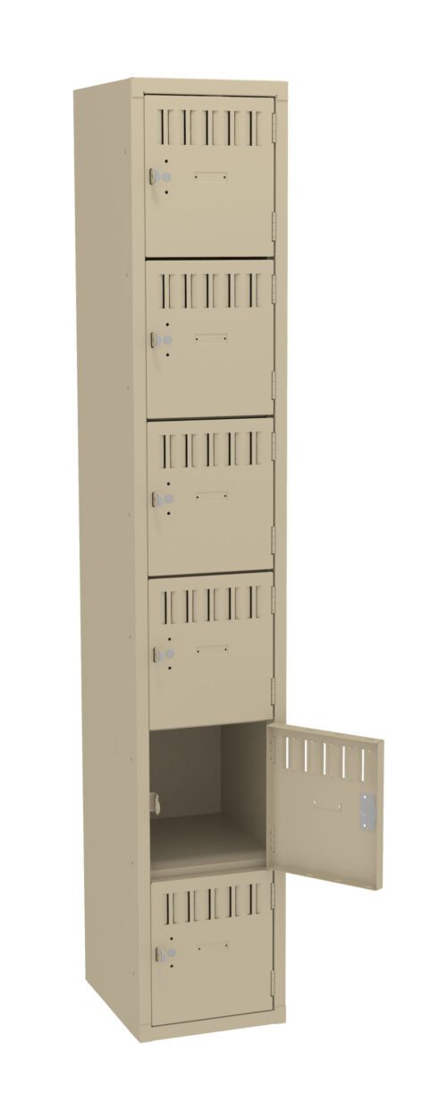 A beige metal locker with six compartments. The lockers have vents and individual locks. The fifth locker door is open, revealing an empty interior. The locker is upright and isolated against a white background.