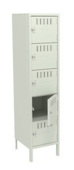 A light gray, four-compartment metal locker stands upright. The bottom door is open, showing an empty interior. Each compartment has ventilation slits and a small latch for locking. The locker is supported by four legs.