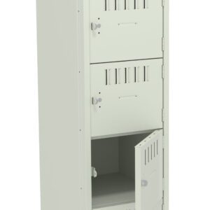 A light gray, four-compartment metal locker stands upright. The bottom door is open, showing an empty interior. Each compartment has ventilation slits and a small latch for locking. The locker is supported by four legs.