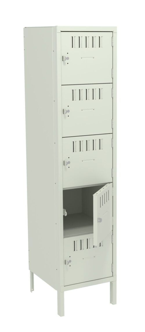 A light gray, four-compartment metal locker stands upright. The bottom door is open, showing an empty interior. Each compartment has ventilation slits and a small latch for locking. The locker is supported by four legs.