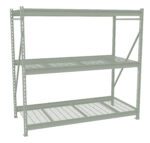 A large, industrial metal shelving unit with two mesh shelves and a solid top. The gray structure is freestanding with perforated supports and a sturdy frame, designed for heavy-duty storage.