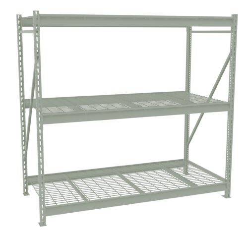 A large, industrial metal shelving unit with two mesh shelves and a solid top. The gray structure is freestanding with perforated supports and a sturdy frame, designed for heavy-duty storage.