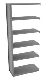 A six-tier gray metal shelving unit with open sides and back, featuring evenly spaced horizontal shelves and a vertical support on the left side.