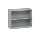 A gray metal two-shelf bookcase with adjustable shelves is shown. The design is simple and functional, suitable for office or home use. The bookcase is empty and positioned against a white background.