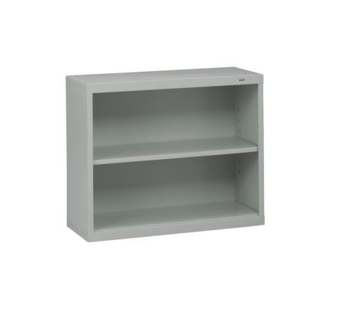 A gray metal two-shelf bookcase with adjustable shelves is shown. The design is simple and functional, suitable for office or home use. The bookcase is empty and positioned against a white background.