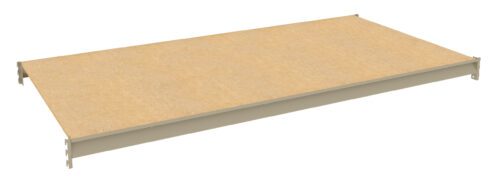 dyaw3g1t89tccn1sup1y.jpg A rectangular wooden shelf with a light beige finish, designed for use in shelving units. It features metal brackets on each side for support and attachment.