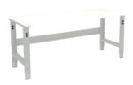 A simple, white, rectangular work table with adjustable metal legs and a crossbar for stability. The tabletop has a clean, flat surface suitable for various tasks.