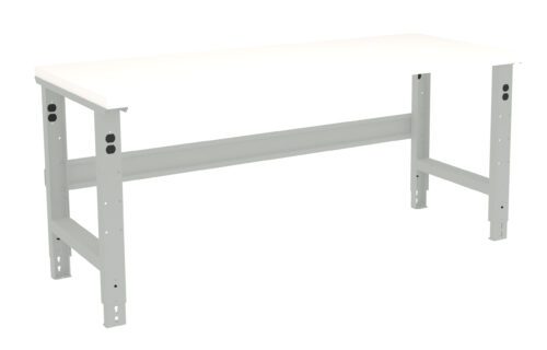 dybcgxtsd54v9zl67duq.jpg A simple, white, rectangular work table with adjustable metal legs and a crossbar for stability. The tabletop has a clean, flat surface suitable for various tasks.