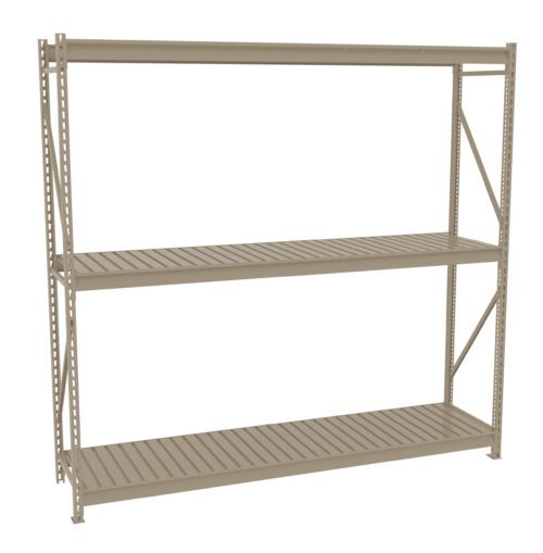 A beige metal shelving unit with three slatted shelves, designed for storage purposes. The shelves are evenly spaced and supported by vertical beams with perforations. The overall structure is simple and utilitarian.