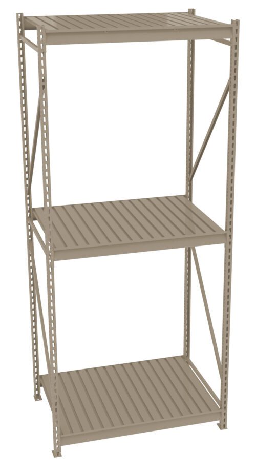 A beige metal shelving unit with three tiers. The shelves are slatted, and the structure includes supportive side and back braces. The unit is empty and isolated on a white background.