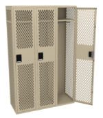A metal locker unit with three sections, each featuring a mesh design on the doors. The left two doors are closed, and the right door is open, revealing a hanging rod and a shelf inside. The unit is beige in color.