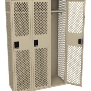 A metal locker unit with three sections, each featuring a mesh design on the doors. The left two doors are closed, and the right door is open, revealing a hanging rod and a shelf inside. The unit is beige in color.