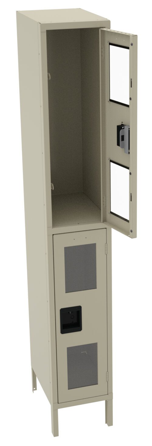 dz3noltlgmdib5amjy2k.jpg Tall beige metal cabinet with two compartments. The top compartment has an open door, revealing empty space with a lock mechanism visible. The bottom compartment door is closed, featuring ventilation panels and a lock similar to the top one.