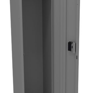A gray metal locker stands open with a single door ajar. Inside, there is a clothing rod and two hooks for hanging items. The door has a vented panel and a lock mechanism. The locker is empty.