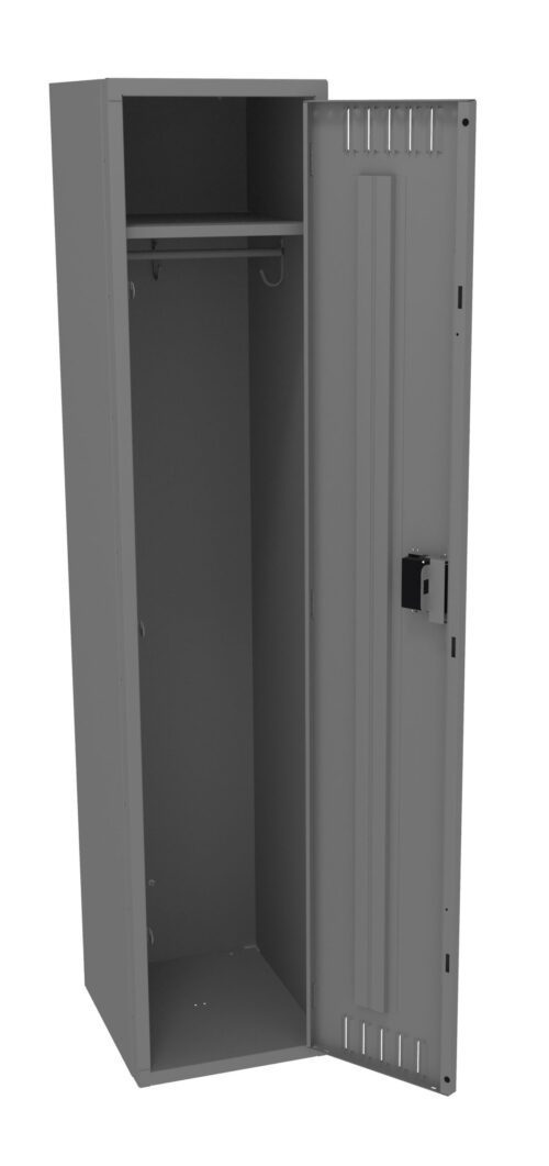 A gray metal locker stands open with a single door ajar. Inside, there is a clothing rod and two hooks for hanging items. The door has a vented panel and a lock mechanism. The locker is empty.