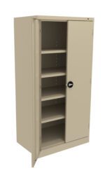 A beige metal cabinet with one door slightly open, revealing four adjustable shelves inside. The cabinet has a round black handle on the open door.