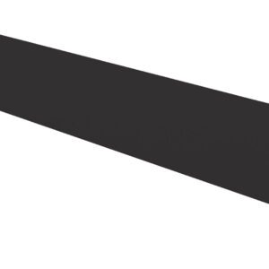 Angled view of a sleek, black metal bracket with a hole on one end and a bent corner on the opposite side.