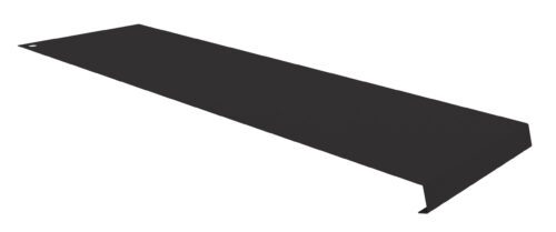 Angled view of a sleek, black metal bracket with a hole on one end and a bent corner on the opposite side.