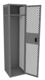 A metal locker with a diamond-patterned mesh design has its door open, revealing an empty interior with a shelf and a horizontal hanging rod. The locker is gray and equipped with a latch for locking.