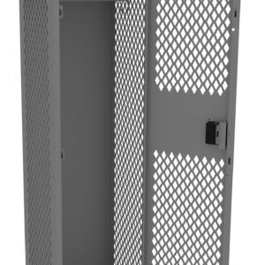 A metal locker with a diamond-patterned mesh design has its door open, revealing an empty interior with a shelf and a horizontal hanging rod. The locker is gray and equipped with a latch for locking.