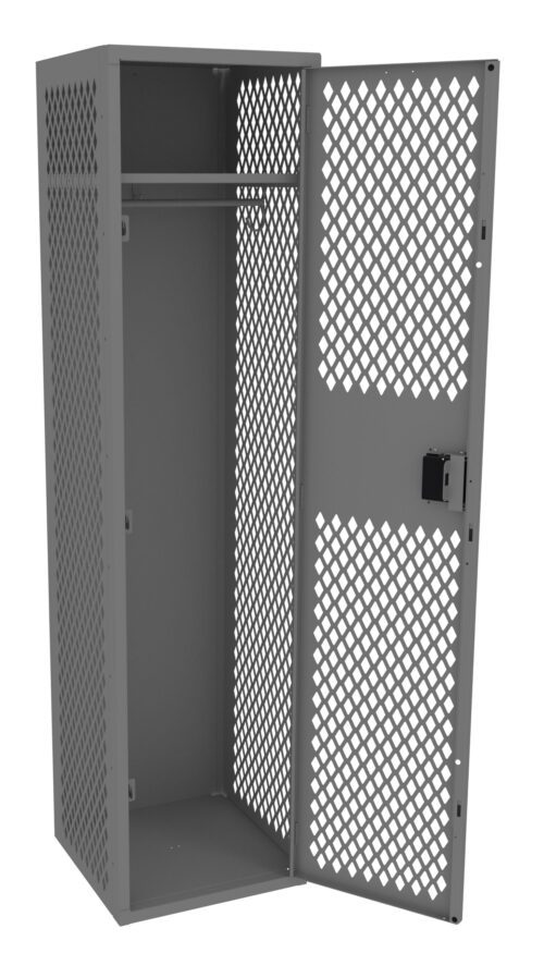 A metal locker with a diamond-patterned mesh design has its door open, revealing an empty interior with a shelf and a horizontal hanging rod. The locker is gray and equipped with a latch for locking.