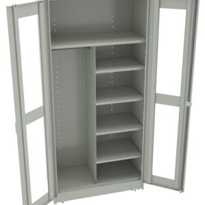 A grey metal storage cabinet with two open doors. Inside, there are six shelves on the right and a single tall compartment on the left. The cabinet is standing on a flat surface.