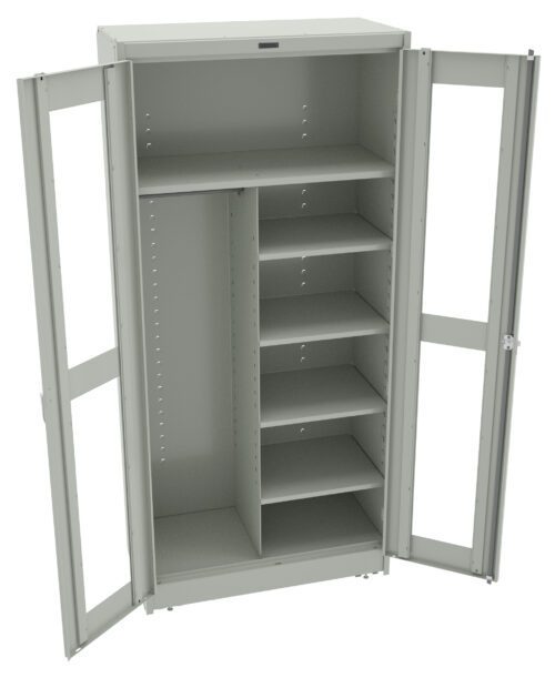 A grey metal storage cabinet with two open doors. Inside, there are six shelves on the right and a single tall compartment on the left. The cabinet is standing on a flat surface.