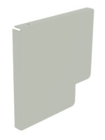 3D rendering of a pale gray, rectangular panel with a notched design near the bottom right corner. The panels top edge includes a small circular hole and a groove along the side. The surface is smooth and untextured.