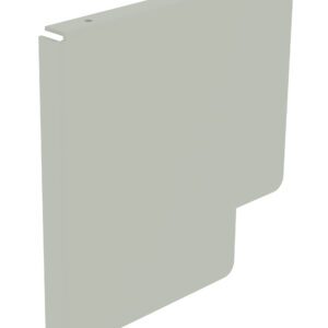 3D rendering of a pale gray, rectangular panel with a notched design near the bottom right corner. The panels top edge includes a small circular hole and a groove along the side. The surface is smooth and untextured.
