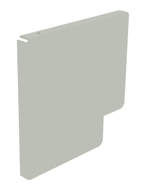3D rendering of a pale gray, rectangular panel with a notched design near the bottom right corner. The panels top edge includes a small circular hole and a groove along the side. The surface is smooth and untextured.