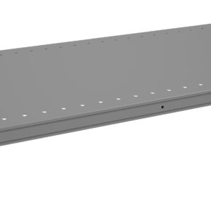 A rectangular, flat, gray metal shelf with small circular holes along the edges. It has metal brackets on each corner for mounting purposes. The surface is smooth, and the background is plain white.