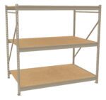 A large, industrial metal shelving unit with three spacious wooden shelves, suitable for storage or organization. The frame is light gray and sturdy, with adjustable shelf heights. The background is plain white.