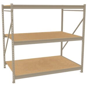 A large, industrial metal shelving unit with three spacious wooden shelves, suitable for storage or organization. The frame is light gray and sturdy, with adjustable shelf heights. The background is plain white.