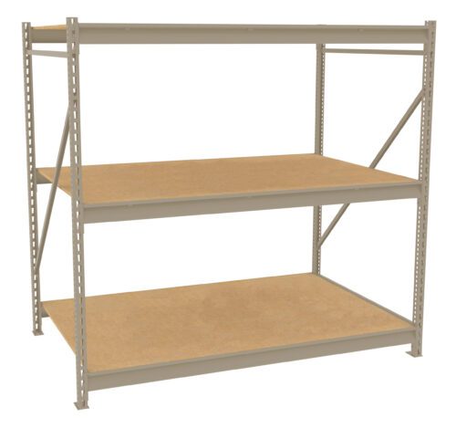 e0ie6psprdqqagi7yyt8.jpg A large, industrial metal shelving unit with three spacious wooden shelves, suitable for storage or organization. The frame is light gray and sturdy, with adjustable shelf heights. The background is plain white.