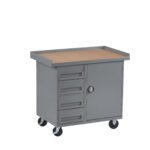 A gray mobile tool cabinet with four drawers on the left and a single door compartment on the right. It has a flat, wooden top surface and four caster wheels for mobility.