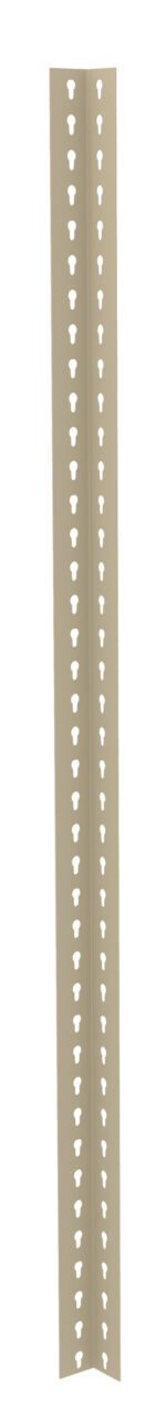 A beige L-shaped metal corner bead with a row of evenly spaced perforated holes for drywall installation, pictured vertically against a white background.