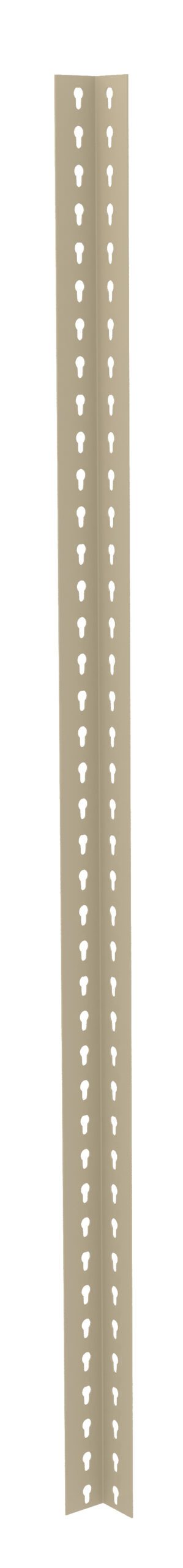 A beige L-shaped metal corner bead with a row of evenly spaced perforated holes for drywall installation, pictured vertically against a white background.