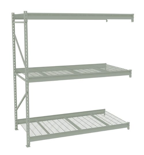 A metal shelving unit featuring three open grid shelves and a simple frame. The shelves are evenly spaced, resembling wire mesh cages, perfect for storage or organizational use. Its sturdy construction and minimalist design make it an ideal choice for any space.