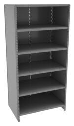 A tall, empty metal shelving unit with five adjustable shelves and a plain gray finish. The unit has a simple rectangular shape and is designed for storage purposes.