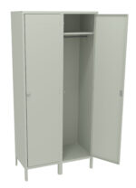 A tall, gray metal locker with two vertical doors. One door is closed, and the other is open, revealing an interior with a hanging rod and empty space. The locker stands on four small legs.