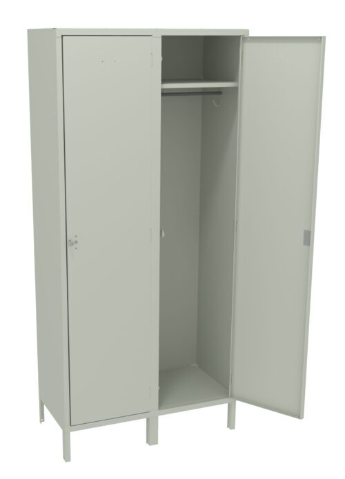 e1tqil1fmls2ewsdrgz2.jpg A tall, gray metal locker with two vertical doors. One door is closed, and the other is open, revealing an interior with a hanging rod and empty space. The locker stands on four small legs.
