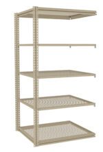 A beige, metal storage rack with five adjustable wire shelves is shown. The shelves are evenly spaced and open, suitable for organizing various items in a garage, basement, or warehouse setting. The frame features hole patterns for customization.