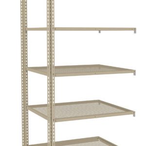 A beige, metal storage rack with five adjustable wire shelves is shown. The shelves are evenly spaced and open, suitable for organizing various items in a garage, basement, or warehouse setting. The frame features hole patterns for customization.