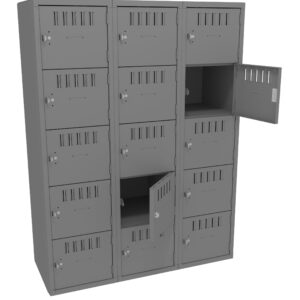A gray metal locker unit with three columns and four rows, totaling twelve compartments. Each door has a label holder and ventilation slots. Two compartments have open doors, showing empty interiors.