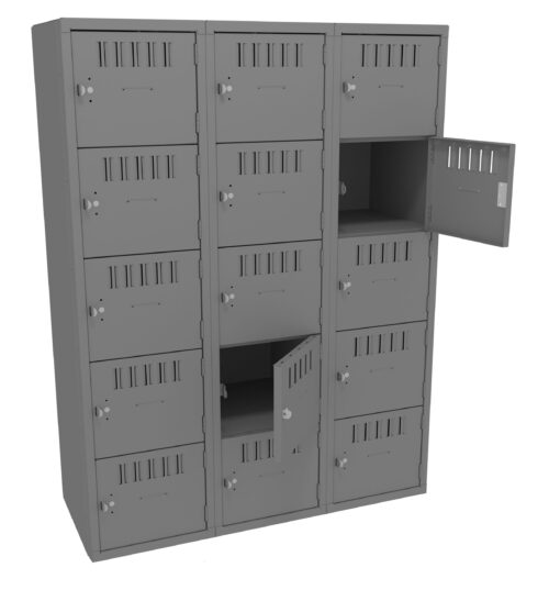 e33bvvpxx1nvdzvftpqy.jpg A gray metal locker unit with three columns and four rows, totaling twelve compartments. Each door has a label holder and ventilation slots. Two compartments have open doors, showing empty interiors.