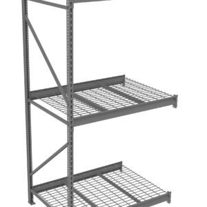 A gray metal storage rack with three wire shelves is shown. The rack has an open design and sturdy frame, suitable for organizing various items in a garage, warehouse, or workshop setting.