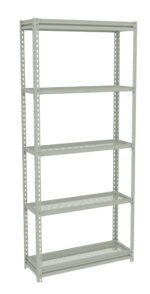 A tall, grey metal shelving unit with five adjustable perforated shelves. The shelves are evenly spaced, and the design allows for ventilation and easy access to stored items. The structure is open and suitable for storage or organization.