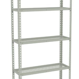 A tall, grey metal shelving unit with five adjustable perforated shelves. The shelves are evenly spaced, and the design allows for ventilation and easy access to stored items. The structure is open and suitable for storage or organization.