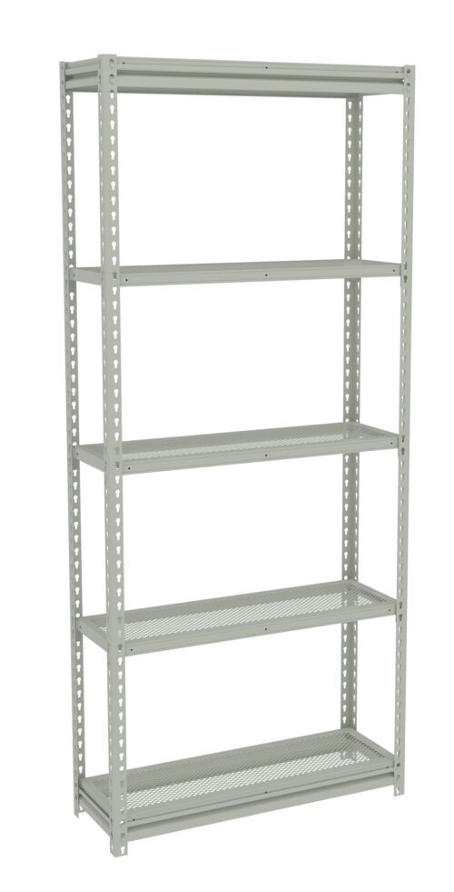 A tall, grey metal shelving unit with five adjustable perforated shelves. The shelves are evenly spaced, and the design allows for ventilation and easy access to stored items. The structure is open and suitable for storage or organization.